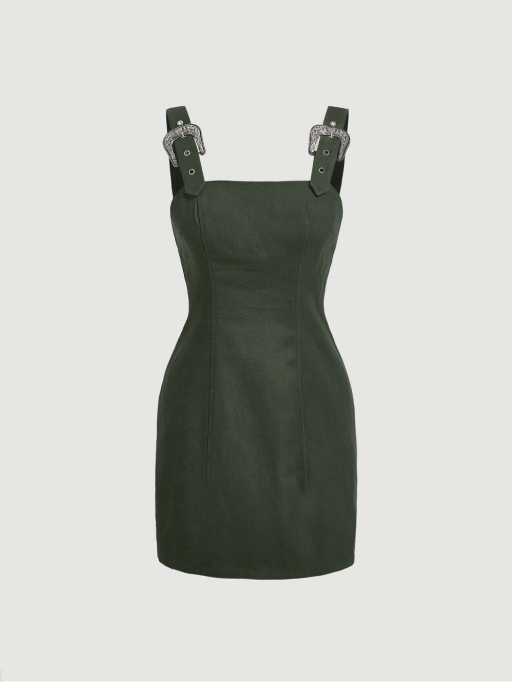 AUW Olive Green Faux Suede Mini Overall Dress with Silver Buckles Size Small